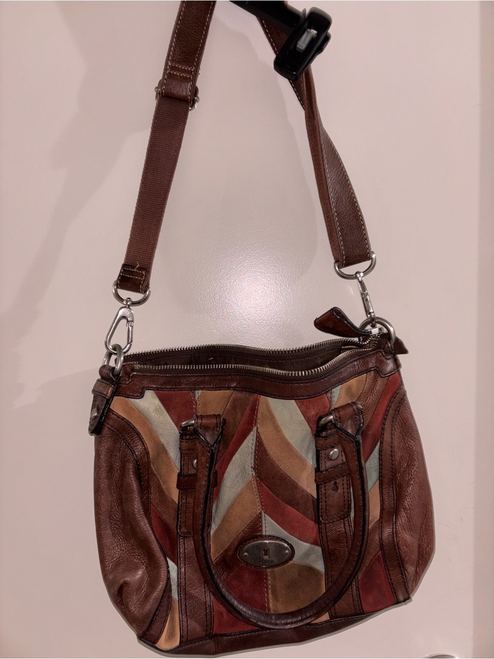 Fossil Brown Multicolor Patchwork Leather Shoulder Bag